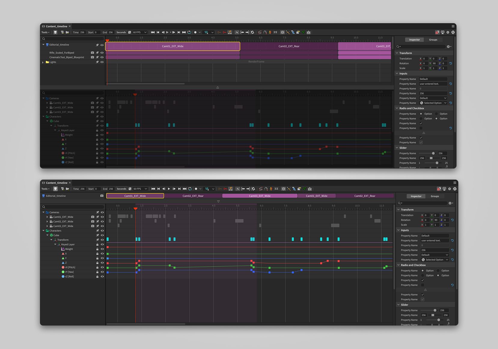Cinematics timeline - Mono and split view modes for different user needs