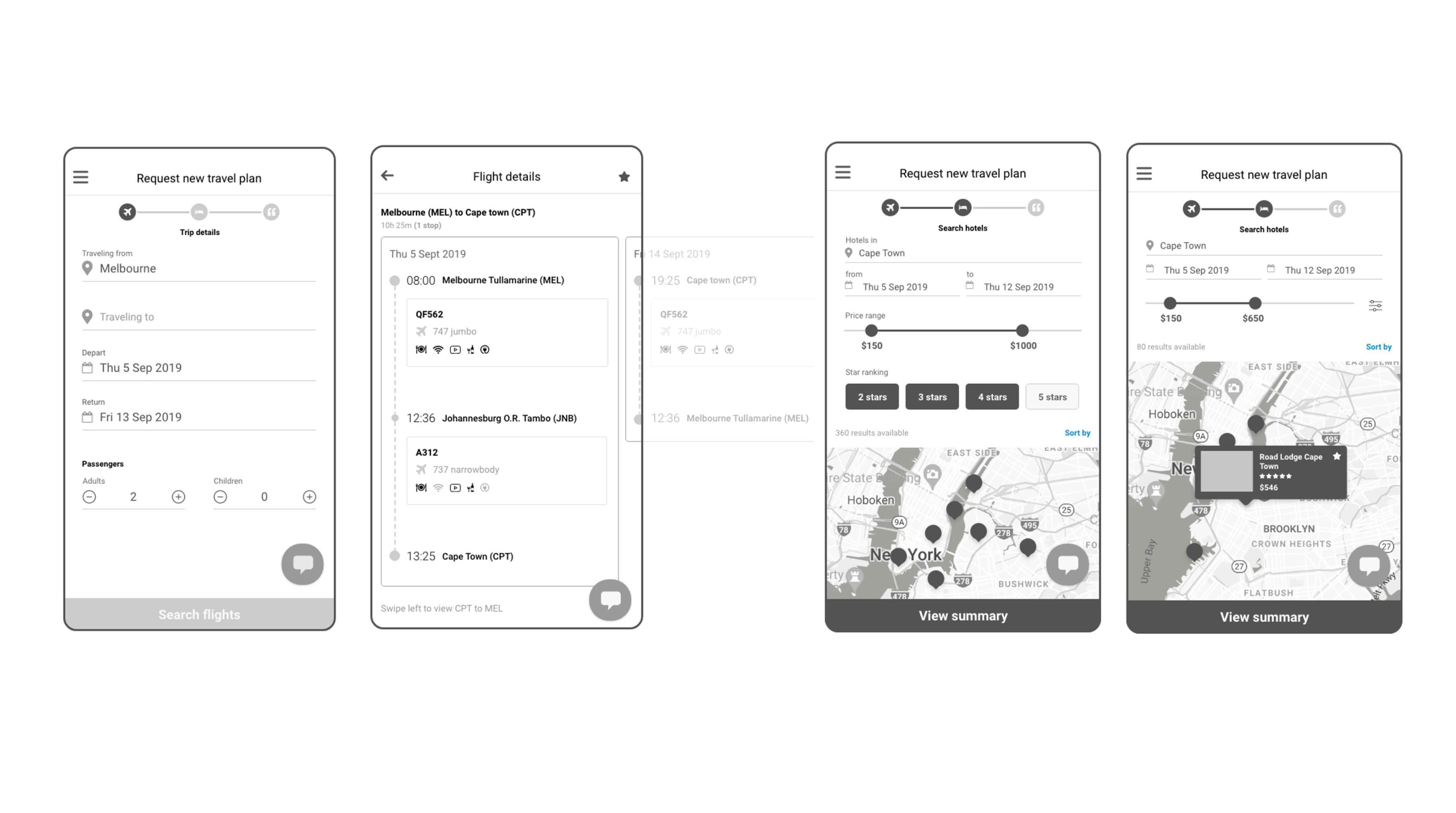 Itinerary builder — card-first layout with contextual overlays