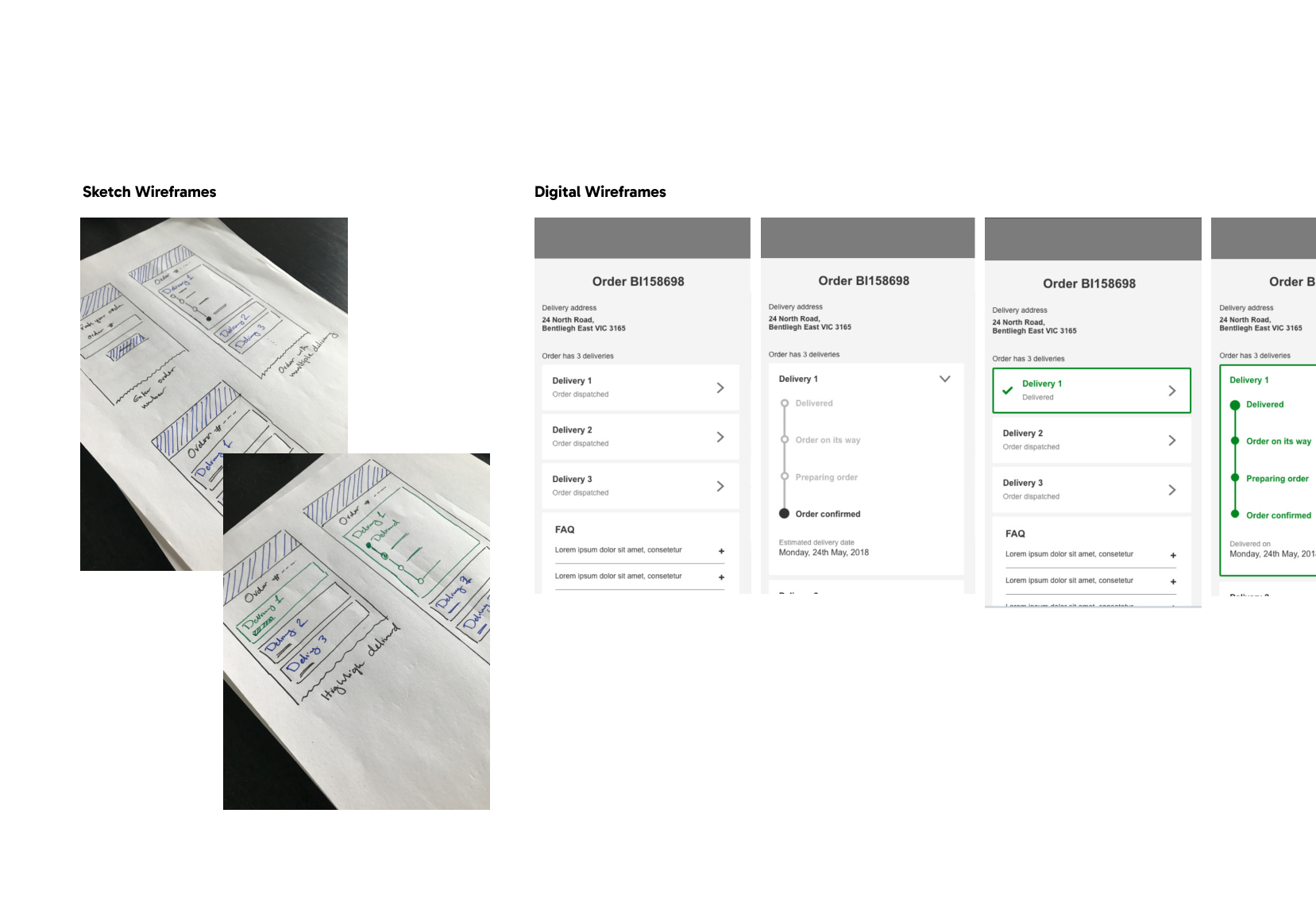 Wireframes — designing a progressive tracking timeline that degrades gracefully with incomplete data